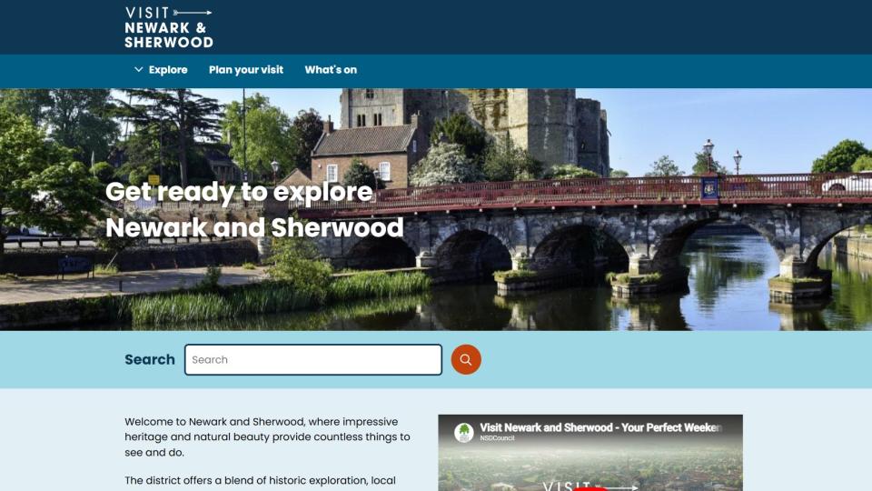 Screenshot of the new tourism visitor website with blue band at the top and an image of Newark Castle