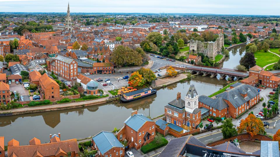 Aerial image of Newark Town Centre with the River Trent running through the middle