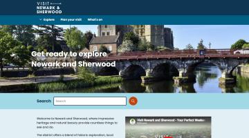 Screenshot of the new tourism visitor website with blue band at the top and an image of Newark Castle