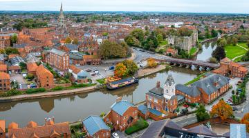 Aerial image of Newark Town Centre with the River Trent running through the middle